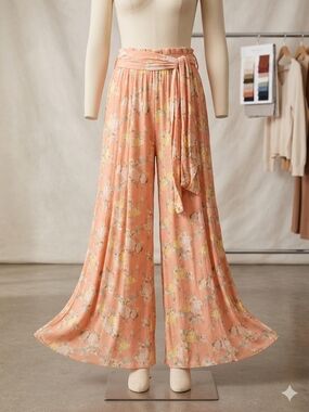 Peach Floral Wide-Leg Tie-Waist Pants by Rocks & Indigo Pre-owned